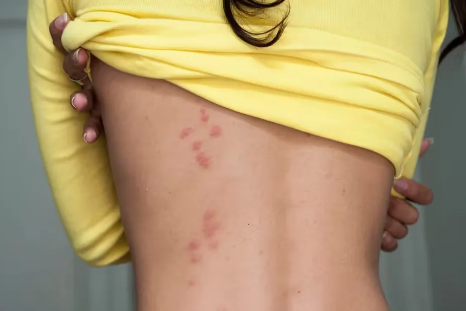 Piqûres de punaises de lit sur la peau : boutons rouges regroupés et alignés